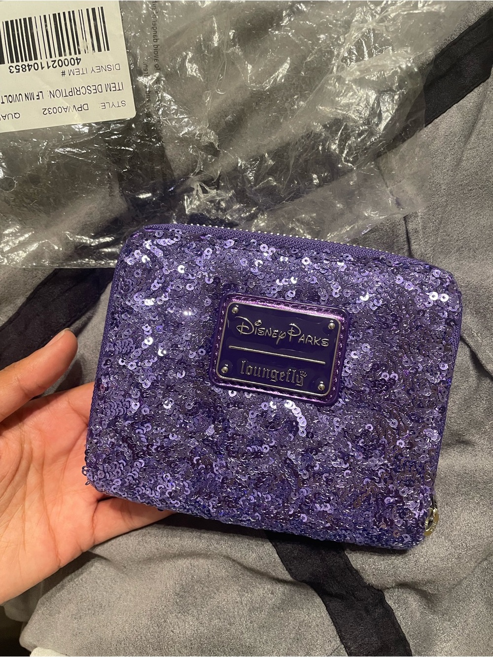 Loungefly Purple Sequin Zip Wallet with Disney Parks Plaque